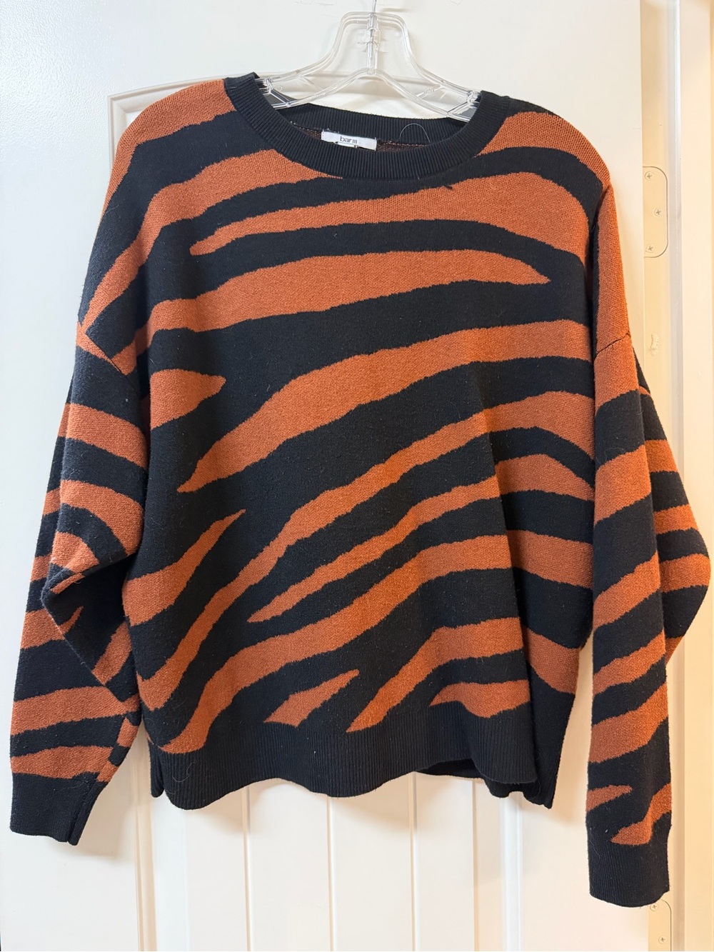 Bar III Black and Rust Striped Crewneck Sweater